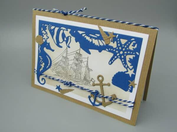 Klappkarte Querformat A6 Kraftkarton maritim blau Schiff Anker aufrecht